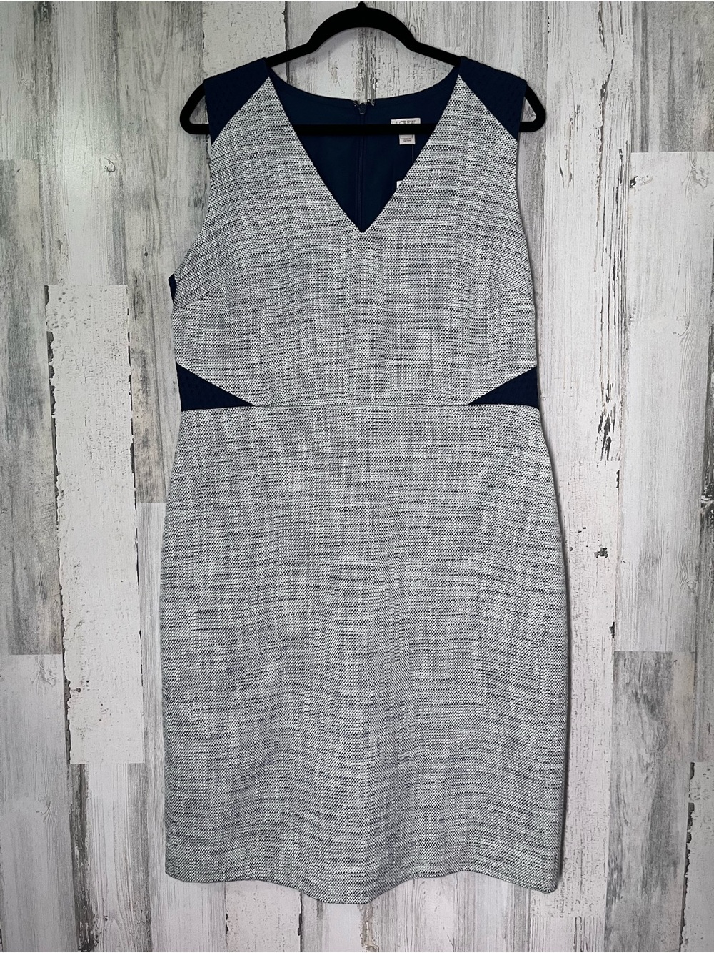 J.  Crew Factory Metallic Tweed Lace Contrast  Navy Sheath Dress 14